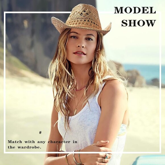 Women's Brown Straw Sparkly Western Cowgirl Hat Foldable Vacation Beach Sun Hat - Picture 4 of 6